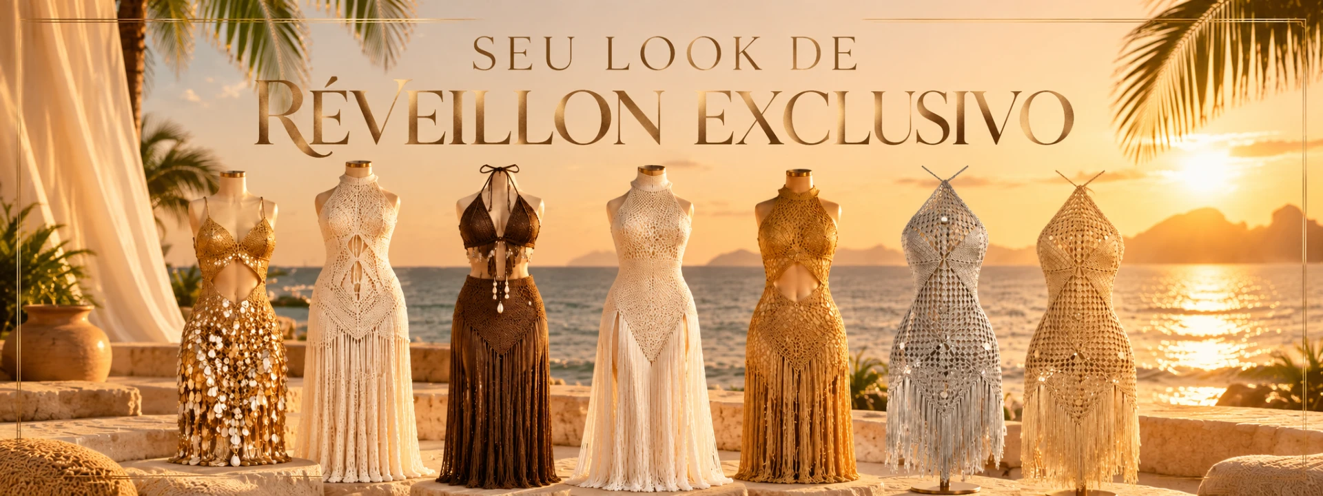 Seu look de Réveillon exclusivo — vestidos e conjuntos de crochê WARA na praia ao pôr do sol